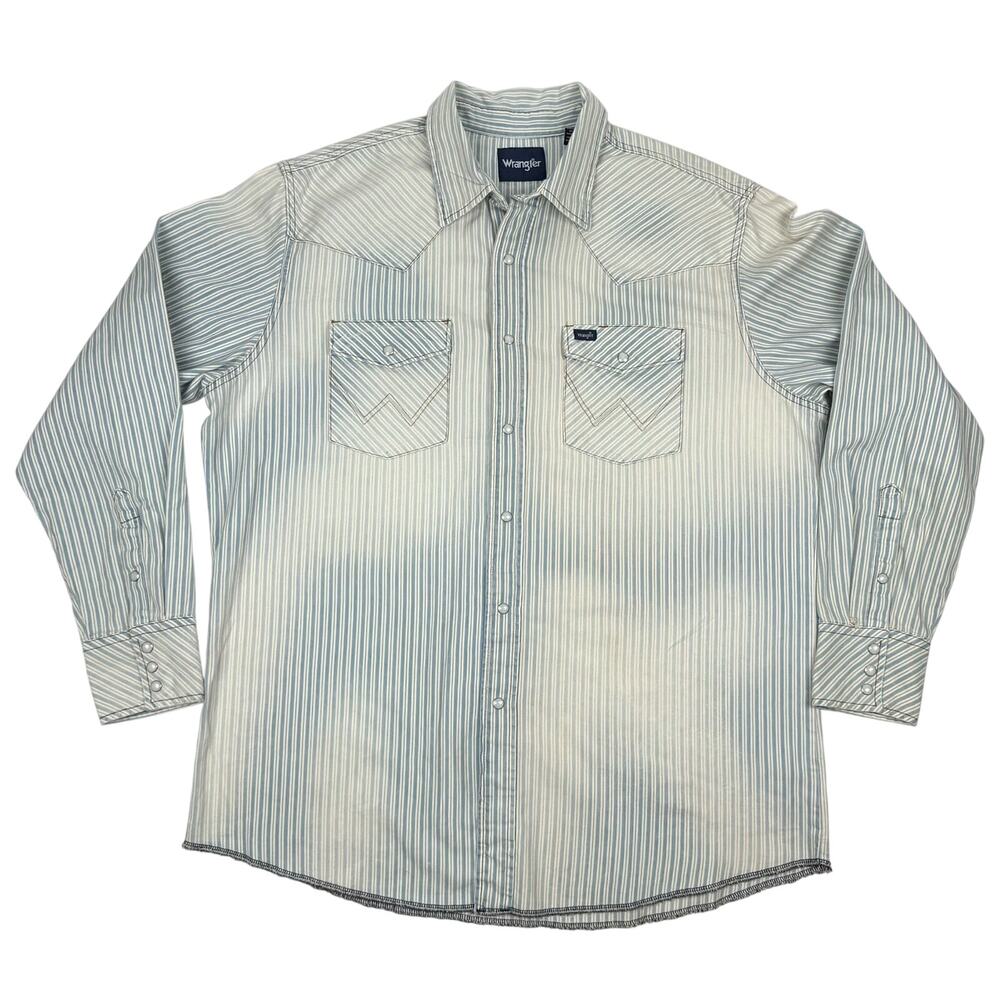 Wrangler Cowboy Cut Striped Western Shirt Blue White Dye-Effect Distressed Sz XL